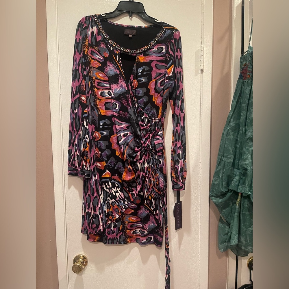 Hale Bob Black Wrap Tie Front Long Sleeve Dress